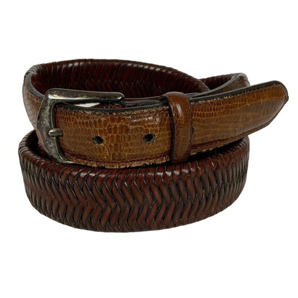 Mens Mixed Media Belt Size 40 Brown Woven Leather Reptile Texture Tabs - Picture 1 of 4